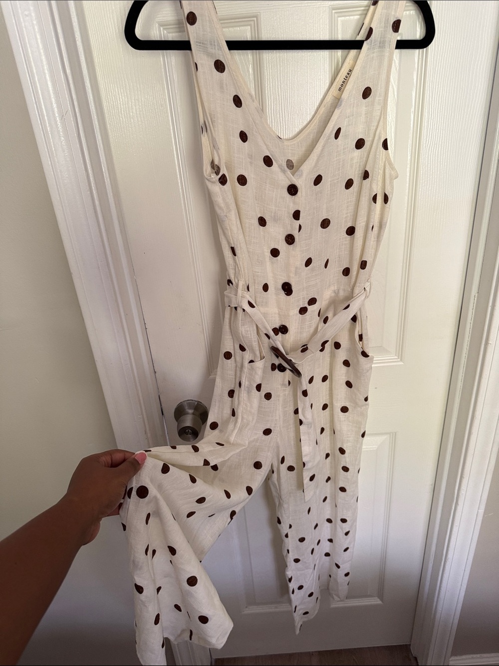 Monteau Cream Jumpsuit with Brown Polka Dots
